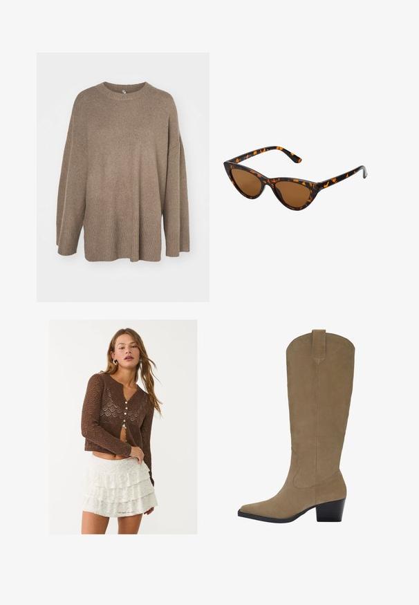 Manteau trench beige en mélange de coton, avec fermeture à boutons croisés, grands revers, taille ceinturée et deux poches latérales.; Pull marron oversized avec un ourlet côtelé, des manches larges et un col rond. Texture douce, design minimaliste sans motifs.; Blouse à manches longues couleur crème avec un bas en peplum, motif floral texturé et détail à nouer au niveau du cou. Manches évasées avec lanières.; Cardigan marron en tricot ouvert avec un motif géométrique, doté d'un décolleté en V profond et de six boutons. Associé à une jupe blanche en dentelle superposée.; Bottes en suède beige jusqu'aux genoux avec un bout pointu, un talon empilé et des détails de couture le long des côtés. Texture lisse et design structuré.; Lunettes de soleil style œil de chat avec une monture en écaille de tortue noire et orange, verres marron et pointes effilées et élégantes. Présente un logo minimaliste sur la branche.