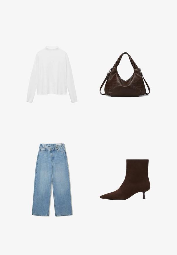 Béžový trenčkot vyrobený z bavlnenej zmesi, s dvojradovým zapínaním na gombíky, širokými klopami, opaskom v páse a dvoma bočnými vreckami.; Biely dlhý rukáv s vysokým golierom. Mäkká tkanina, voľný strih a bočné rozparky. Hladká textúra bez vzorov alebo ozdôb.; Svetlomodré široké džínsy vyrobené z denimu, s vysokým pásom, piatimi vreckami, zapínaním na gombík a jemným vyblednutím pre textúru.; Hnedá semišová členková čižma s špicatou špičkou a tenkým nízkym opätkom. Hladký povrch, bezšvový dizajn a nenápadný silueta.; Tmavohnedá kožená taška na rameno s tkanou textúrou, so zarovnanými dvoma madlami a odnímateľným nastaviteľným popruhom na kríž.