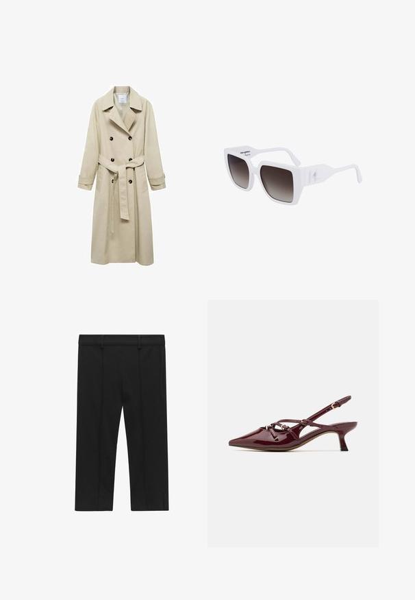 Beżowy płaszcz trench z mieszanki bawełny, z podwójnym zapięciem na guziki, szerokimi klapami, paskiem w talii i dwiema kieszeniami po bokach.; Przycięta koszula w kratę w odcieniach burgundowym i brązowym, z guzikami z przodu, kołnierzykiem i kieszonką na piersi. Miękka tkanina z długimi rękawami.; STOCKH LM Studio KAYLA czarny; Burgundowe lakierowane buty na obcasie typu slingback z ostro zakończonym noskiem, małym obcasem, dekoracyjnymi detalami na paskach i błyszczącym wykończeniem.; Białe oversize'owe okulary przeciwsłoneczne o matowym wykończeniu, gradientowe ciemnoszare soczewki oraz charakterystyczne logo na boku zauszników.