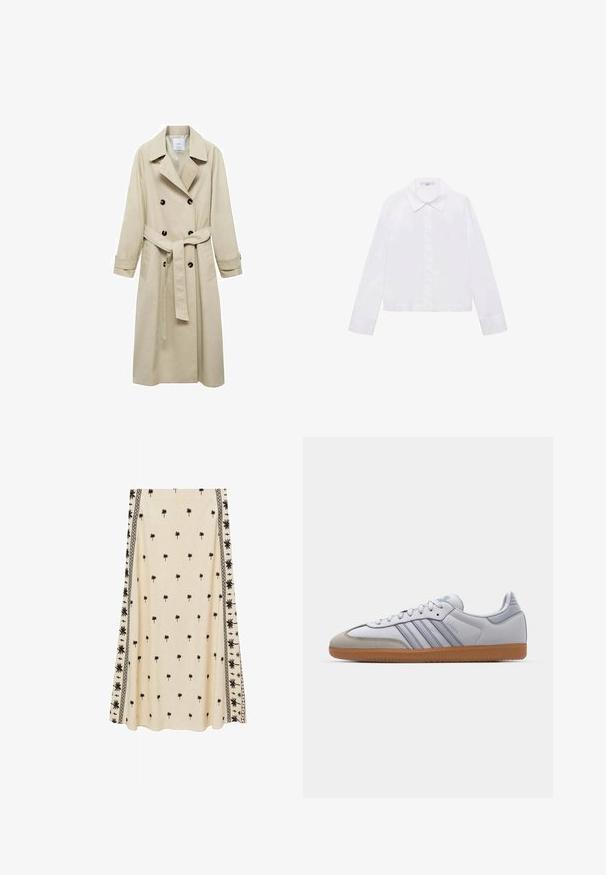 Beige trenchcoat lavet af bomuldsblanding, med dobbeltknaplukning, brede klapper, bæltestrop i taljen og to sidelommer.; Hvid langærmet skjorte med klassisk krave, central knaplukning og glat stof med en let cropped kant.; Cremefarvet nederdel med små sorte palmetræer, prydet med intrikate sorte kantmønstre langs siderne, fremstillet af letvægtigt stof.; Hvide lædersneakers med lyseblå accenter, grå ruskindsnæse og en brun gummisål. Har tre blå striber og "Samba" branding.