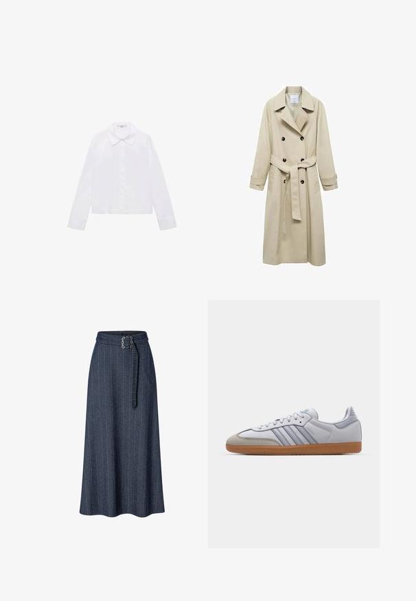 Beige trenchcoat van katoenmix, met een dubbele knoopsluiting, brede revers, een ceintuur in de taille en twee zijzakken.; Witte lange mouw shirt met een klassieke kraag, centrale knoopsluiting en een gladde stof met een iets cropped zoom.; Lange spijkerrok in donkerblauw met verticale streepjes, voorzien van een tailleband met een vierkante metalen gesp. Soepele textuur, uitlopende vorm.; Witte leren sneakers met lichtblauwe accenten, grijs suède neus en een bruine rubberen zool. Voorzien van drie blauwe strepen en "Samba"-branding.