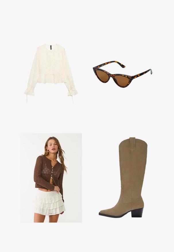 Beige Trenchcoat aus Baumwollmischung mit doppelter Knopfleiste, breiten Revers, tailliertem Gürtel und zwei seitlichen Taschen.; Cremefarbene Bluse mit langen Ärmeln, einem Peplum-Saum, strukturiertem Blumendesign und Bindeband am Ausschnitt. Glockenförmige Ärmel mit Bindebändern.; Brauner, offen gestrickter Cardigan mit geometrischem Muster, ausgestattet mit einem tiefen V-Ausschnitt und sechs Knopfverschlüssen. Kombiniert mit einem weißen, geschichteten Spitzrock.; Knöchelhohe, sandfarbene Wildlederstiefel mit spitzer Zehenform, gestapeltem Absatz und genähten Details an den Seiten. Glatte Textur und strukturierte Form.; Katzenaugen-Sonnenbrille mit einem schwarz-orangenen Schildpattrahmen, braunen Gläsern und schlanken, spitzen Enden. Verfügt über ein minimalistisches Logo am Bügel.