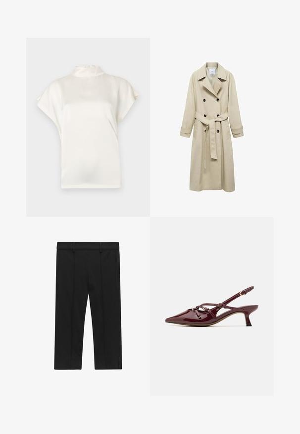 Beige trenchcoat lavet af bomuldsblanding, med dobbeltknaplukning, brede klapper, bæltestrop i taljen og to sidelommer.; Cremefarvet bluse med høj hals og korte ærmer, lavet af glat stof. Har en subtil glans og en knaplukning i nakken bagpå.; STOCKH LM Studio KAYLA CAPRI - Shorts - black; Bordeaux patentlæder slingback sko med spids tå, lille hæl, dekorative stropdetaljer og en blank finish.