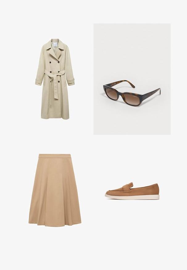 Palton bej din amestec de bumbac, cu închidere cu nasturi dubli, rever larg, talie cu curea și două buzunare laterale.; Top gri fără mâneci cu gât înalt, realizat dintr-un material moale. Are o talie cu curea și un închizător metalic argintiu. Design simplu, structurat.; Fustă bej în formă de A, cu o textură netedă, dotată cu pliseuri care adaugă volum și o talie reglabilă. Curbă dreaptă la baza fustei.; Pantof brown din suede, cu talpă plată, având un detaliu lat pe partea din față și un design neted, minimalist.; Ochelari de soare tortoise cu lentile maro gradați, rame unghiulare și logo-ul "vogue" pe brațe. Textură netedă, design modern.; Geantă de umăr din suede bej cu formă curbată, accesorii din aur și închidere cu fermoar. Are un charms atașat cu inițialele "MK."