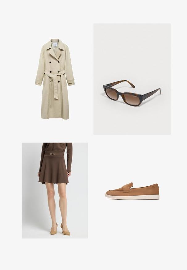 Beige trenchcoat van katoenmix, met een dubbele knoopsluiting, brede revers, een ceintuur in de taille en twee zijzakken.; Grijze mouwloze top met een hoge hals, gemaakt van zachte stof. Beschikt over een taille met een riem en een zilveren metalen sluiting. Eenvoudig, gestructureerd ontwerp.; Bruine flared rok met een fitted elastische tailleband en decoratieve hardware. Gestructureerde stof met een gladde afwerking. Gecombineerd met geweven, spitse hakken.; Bruine suède instappers met een platte zool, voorzien van een brede banddetail aan de voorkant en een strakke, minimalistische uitstraling.; Schildpad zonnebril met bruine gradient lenzen, hoekige monturen en "vogue" logo op de tempels. Soepele textuur, modern ontwerp.; Tan suède schoudertas met een gebogen vorm, gouden hardware en ritssluiting. Voorzien van een bijgevoegd charm met de initialen "MK."