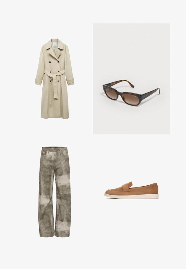 Beige trenčkot vyrobený z bavlněné směsi, s dvouvrstvým zapínáním na knoflíky, širokými klopami, páskem v pase a dvěma bočními kapsami.; Šedý top bez rukávů s vysokým krkem, vyrobený z měkké tkaniny. Má pás s kovovou sponou ve stříbrné barvě. Jednoduchý, strukturovaný design.; Široké kalhoty ve vybledlé olivově zelené barvě s béžovými abstraktními vzory. Obsahují klasický pětikapsový design a kovové akcenty.; Hnědé semišové nazouvací boty s plochou podrážkou, které mají široký pás na přední straně a hladký, minimalistický design.; Skořicové sluneční brýle s hnědými gradientovými čočkami, ostrými rámy a logem "vogue" na spáncích. Hladký povrch, moderní design.; Kabelka na rameno z hladké semišové kůže v tělové barvě, s zakřiveným tvarem, zlatými kovovými detaily a zipovým uzávěrem. Obsahuje připevněný přívěsek s iniciály "MK."