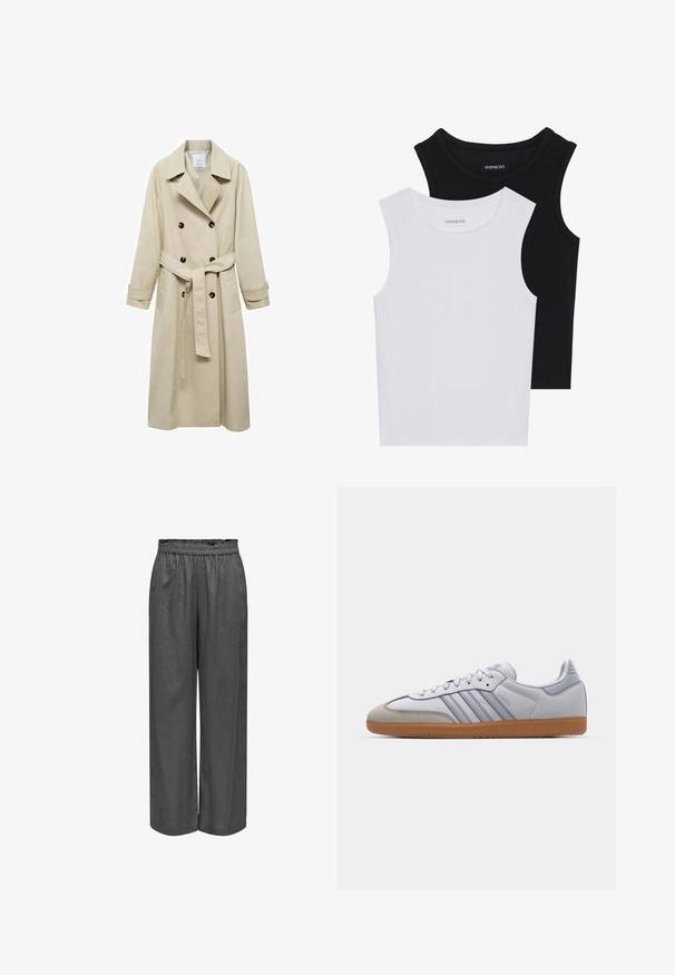 Beige trenssi takki, joka on valmistettu puuvillasekoitteesta, jossa on kaksirivinen napitus, leveät läpät, vyötärönauha ja kaksi sivutaskua.; Kaksi hihattomaa toppia mustana ja valkoisena, valmistettu ribbikankaasta, jossa on pyöreät kaula-aukot ja tiukka muotoilu. Tunnisteet näkyvät molemmissa.; Harmaat, leveälahkeiset housut, jotka on valmistettu pehmeästä kankaasta ja joissa on joustava vyötärö. Ominaisuuksiin kuuluu väljä istuvuus ja sileä pinta.; Valkoiset nahkakengät, joissa on vaaleansinisiä yksityiskohtia, harmaa mokkanahkainen varvas ja ruskea kumipohja. Sisältää kolme sinistä raitaa ja "Samba" -merkinnän.