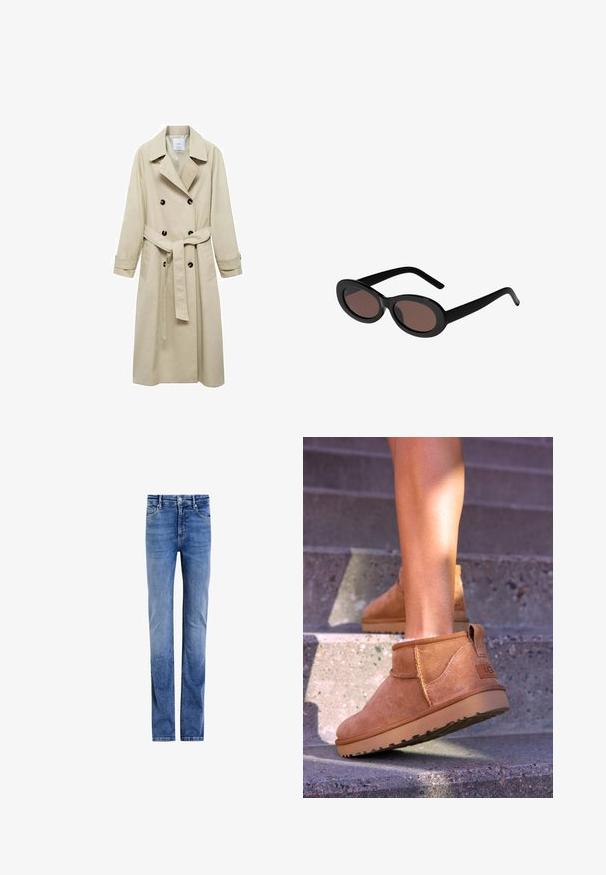 Beige Trenchcoat aus Baumwollmischung mit doppelter Knopfleiste, breiten Revers, tailliertem Gürtel und zwei seitlichen Taschen.; Kurzärmeliges Oberteil in hellgrün, aus weichem, elastischem Stoff. Verfügt über einen runden Ausschnitt und ein schlichtes Design, geeignet für die legere Freizeitkleidung.; Hellblaue Denim-Jeans mit geradem Bein, fünf Taschen und klassischem Knopfverschluss vorne. Verwaschene Optik mit subtilen Waschungen.; Beige Wildleder-Ankelstiefel mit weicher Textur, gesteppten Details und einer Gummisohle, ausgestattet mit einer Schlaufe an der Ferse für einfaches An- und Ausziehen.; Schwarze ovale Sonnenbrillen mit braun getönten Gläsern. Mit dicken Kunststoffrahmen und schlanken, geschwungenen Bügeln. Glatte Oberfläche über das gesamte Design.; Braune geflochtene Lederhandtasche mit einem geflochtenen Griff, rechteckiger Form, strukturiertem Oberflächen und nahtloser Verarbeitung.