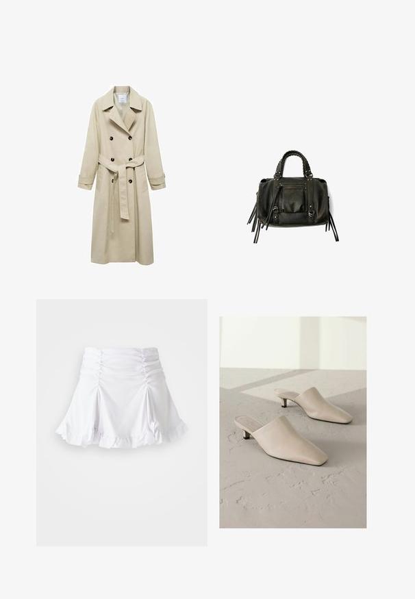 Beige trenchcoat van katoenmix, met een dubbele knoopsluiting, brede revers, een ceintuur in de taille en twee zijzakken.; Witte katoenen tanktop met een ribbeltextuur, mouwloos ontwerp en ronde hals. Beschikt over een label aan de nek met de tekst "WEEKDAY."; Witte rok van gestructureerde stof met ruches en een gerimpelde zoom. Heeft een uitlopende ontwerp met een aansluitende taille.; Beige leren muiltjes met een spitse neus en een lage zwarte hak. Glad oppervlak, instapontwerp, minimalistische silhouet, geen zichtbare patronen.; Zwarte lederen handtas met gevlochten handvatten, ritsvak en hangende franjes. Gelaagde oppervlakte met metalen studs en hardwareaccenten.