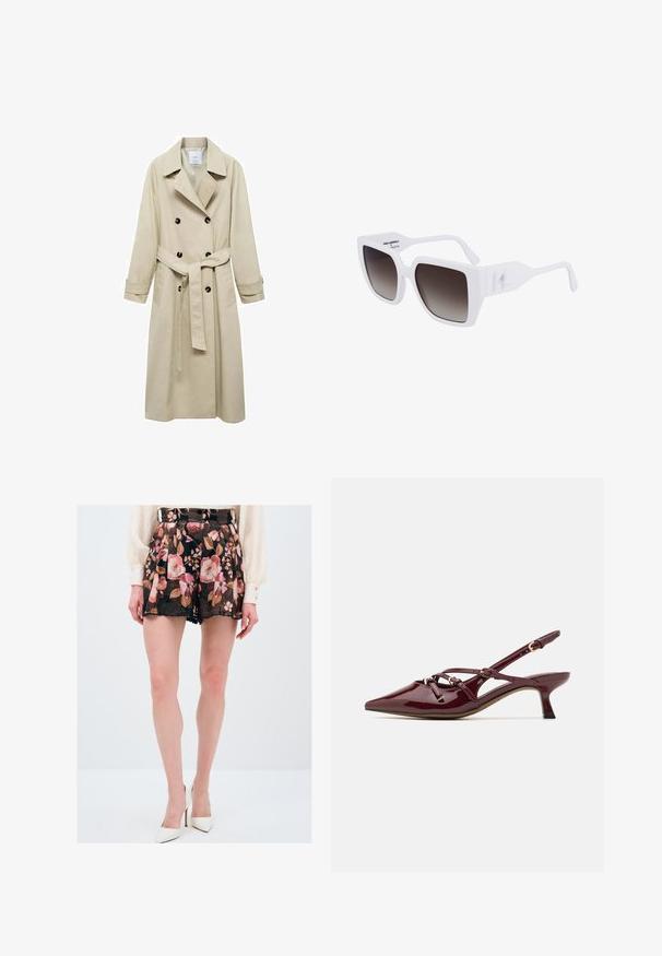 Beige trenchcoat van katoenmix, met een dubbele knoopsluiting, brede revers, een ceintuur in de taille en twee zijzakken.; Zwarte camisole met kanten rand, voorzien van dunne verstelbare schouderbandjes. Zachte stof met een gladde textuur en een aansluitende pasvorm.; Bloemige shorts van donkere stof met roze en beigerode bloemen, gegolfde zoom en riemlussen, gecombineerd met witte hoge hakken.; Bordeaux patent leren slingback schoen met een puntige neus, een kleine hak, decoratieve banddetails en een glanzende afwerking.; Witte oversized zonnebril met een matte afwerking, gradiënt donkergrijze lenzen, en een kenmerkend logo aan de zijkant van de pootjes.