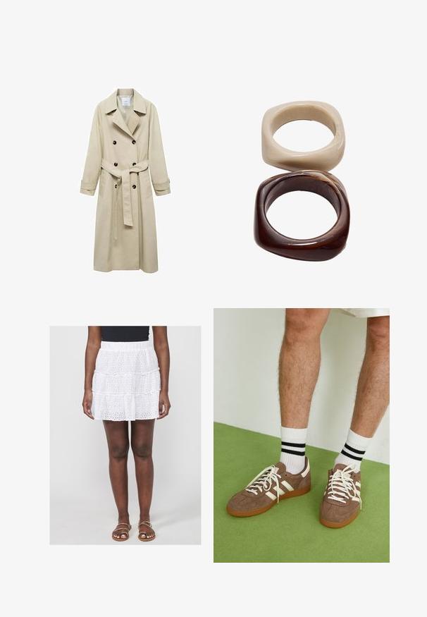 Beige trenčkot vyrobený z bavlněné směsi, s dvouvrstvým zapínáním na knoflíky, širokými klopami, páskem v pase a dvěma bočními kapsami.; Hnědý bezrukávový body s čtvercovým výstřihem, vyrobený z měkkého materiálu. Obsahuje patentku na spodním okraji a má přiléhavý střih.; Bílá, vrstvená mini sukně s vyšívanými otvory a gumičkovým pasem. Nosit s plochými sandály na řemínky.; Hnědé semišové tenisky s bílými akcenty a tkaničkami. Gumová podrážka. Nošeny s bílými ponožkami s černými pruhy. Zelená strukturovaná podlaha.; Stradivarius SET - Náramek - dark brown