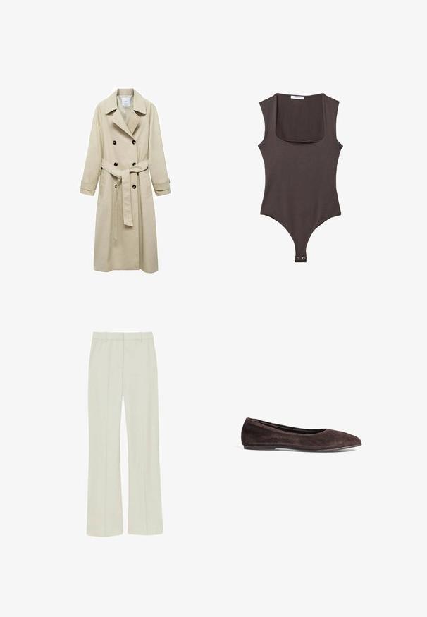 Beige Trenchcoat aus Baumwollmischung mit doppelter Knopfleiste, breiten Revers, tailliertem Gürtel und zwei seitlichen Taschen.; Brauner schulterfreier Body mit quadratischem Ausschnitt, aus weichem Stoff gefertigt. Verfügt über einen Druckknopfverschluss am Boden und eine taillierte Silhouette.; Helle beigefarbene Hosen aus glattem Stoff, mit einem geraden Bein-Design, einer Bügelfalte auf der Vorderseite und einem normalen Bund mit Gürtelschlaufen.; Braune Wildleder-Ballerinas mit spitzem Absatz und niedrigem Profil. Verfügt über eine glatte Textur und ein minimalistisches Design. Keine sichtbaren Beschläge oder Akzente.