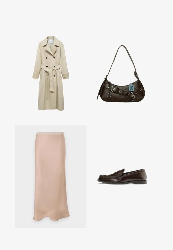 Beige trenchcoat i bomullsblandning, med dubbelknappade stängning, breda slag, bälte i midjan och två sidofickor.; Brun långärmad polo t-shirt med horisontella vita ränder, en kontrasterande vit krage och en treknappslå. Mjuk tygkvalitet.; Satinmidikjol i ljusbeige med en slät textur. Har en figursydd midja och en subtil A-linjeform som vidgar sig försiktigt vid fållen.; Brun läderloafer med sömsmån över vristen, låg klack och slät yta. Subtil textur förstärker dess polerade utseende.; Bagmori BAGUETTE BAG - Handväska - brown