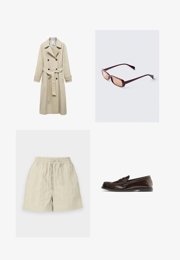 Trench coat beige realizzato in misto cotone, con chiusura a doppio petto con bottoni, ampi rever, vita con cintura e due tasche laterali.; Polo a maniche lunghe marrone con strisce orizzontali bianche, colletto bianco a contrasto e una patta con tre bottoni. Tessuto morbido.; Shorts beige chiaro realizzati in tessuto strutturato con vita elastica e cordino, dotati di tasche laterali e una vestibilità comoda.; Mocassino in pelle marrone con dettagli cuciti sulla tomaia, tacco basso e finitura liscia. Una texture sottile arricchisce il suo aspetto brillante.; Occhiali da sole bordeaux con montatura rettangolare, lenti sfumate e aste eleganti. Il materiale ha una finitura liscia e lucida.; Bagmori BAGUETTE BAG - Borsa a mano - brown