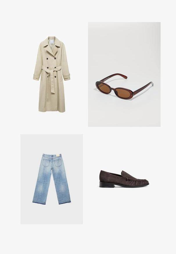 Beige trenchcoat lavet af bomuldsblanding, med dobbeltknaplukning, brede klapper, bæltestrop i taljen og to sidelommer.; Hvid kortærmet t-shirt lavet af bomuld. Har en rund halsudskæring og en afslappet pasform. Glat tekstur uden synlige mønstre eller detaljer.; Lyseblå brede jeans med et falmet design, der har to baglommer og en syet kant. Lavet af denim.; Brune ruskinds loafers med en lav sort hæl og samlet detaljering foran. Glat tekstur, rund tå og minimalistisk design.; Runde, bruntonede solbriller med en glansfuld bordeauxramme. Slanke arme med diskret brandingdetalje. Flad linsedesign.; Brun ruskinds hobo taske med en slouchy form, der har et buet top håndtag og trekantede paneldetaljer på forsiden og bagsiden.