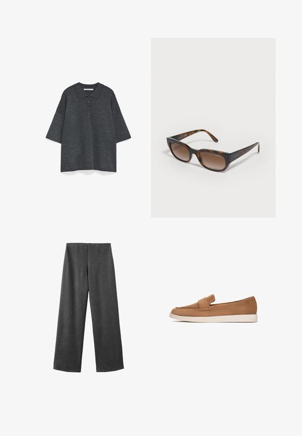 Beżowy płaszcz trench z mieszanki bawełny, z podwójnym zapięciem na guziki, szerokimi klapami, paskiem w talii i dwiema kieszeniami po bokach.; Ciemnoszara koszulka polo z krótkim rękawem, kołnierzykiem i pięcioma guzikami. Miękka, fakturowana tkanina o luźnym kroju.; Szerokie spodnie wykonane z ciemnoszarej tkaniny o gładkiej fakturze. Posiadają średni stan i brak widocznych zapięć lub ozdób.; Brązowy zamszowy but wsuwany na płaskiej podeszwie, z szerokim paskiem z przodu oraz gładkim, minimalistycznym wzornictwem.; Okulary przeciwsłoneczne w kratkę w odcieniach brązu z gradientowymi soczewkami, kanciaste ramki i logo "vogue" na zausznikach. Gładka tekstura, nowoczesny design.; Beżowa zamszowa torebka na ramię o zaokrąglonym kształcie, ze złotymi elementami i zamkiem błyskawicznym. Posiada dołączony charms z inicjałami "MK."