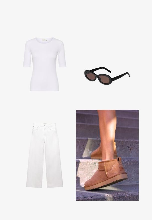 Beige Trenchcoat aus Baumwollmischung mit doppelter Knopfleiste, breiten Revers, tailliertem Gürtel und zwei seitlichen Taschen.; Weißes tailliertes T-Shirt aus glattem Stoff, mit rundem Ausschnitt und kurzen Ärmeln, ohne sichtbare Muster oder Akzente.; Weiße, weit geschnittene Jeans aus Baumwolle mit hoher Taille, Fünf-Taschen-Design und Messingbeschlägen. Glatte, unbeschädigte Oberfläche.; Beige Wildleder-Ankelstiefel mit weicher Textur, gesteppten Details und einer Gummisohle, ausgestattet mit einer Schlaufe an der Ferse für einfaches An- und Ausziehen.; Schwarze ovale Sonnenbrillen mit braun getönten Gläsern. Mit dicken Kunststoffrahmen und schlanken, geschwungenen Bügeln. Glatte Oberfläche über das gesamte Design.; Braune geflochtene Lederhandtasche mit einem geflochtenen Griff, rechteckiger Form, strukturiertem Oberflächen und nahtloser Verarbeitung.