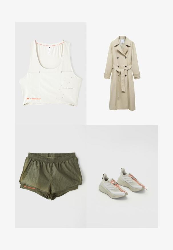 Béžový trenčkot vyrobený z bavlnenej zmesi, s dvojradovým zapínaním na gombíky, širokými klopami, opaskom v páse a dvoma bočnými vreckami.; Biely športový tielko s okrúhlim výstrihom, oranžovým brandovaným lemovaním a kovovým potlačeným textom "bež s mysľou." Obsahuje minimalistické dizajnové prvky.; Olivové športové šortky s elastickým pásom, vnútorným podšitím, perforovanými bočnými panelmi a červeným logom ako akcentom.; Svetlé športové topánky s textúrovaným bielym textilným zvrškom, oranžovými šnúrkami a hrubou, polstrovanou podrážkou. Trojprúžkový dizajn na boku.
