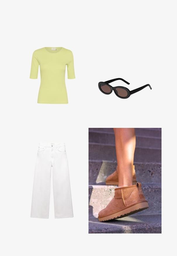 Beige trenchcoat van katoenmix, met een dubbele knoopsluiting, brede revers, een ceintuur in de taille en twee zijzakken.; Korte mouw top in lichtgroen, gemaakt van zachte, rekbare stof. Heeft een ronde halslijn en een eenvoudig ontwerp, geschikt voor casual wear.; Witte wijde jeans van katoen, met een hoge taille, vijf-pocket ontwerp en koperen hardware accenten. Glad, niet-gedistressed textuur.; Tamme suède enkelboots met een zachte textuur, gestikte details en een rubberen zool, met een lusvormige hak voor gemakkelijk aan- en uittrekken.; Zwarte ovale zonnebril met bruin getinte lenzen. Beschikt over dikke kunststof monturen en slanke, gebogen armen. Gladde textuur overal.; Bruine geweven leren handtas met een gevlochten handvat, rechthoekige vorm, textuur oppervlak en naadloze constructie.