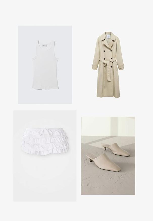 Trench coat beige realizzato in misto cotone, con chiusura a doppio petto con bottoni, ampi rever, vita con cintura e due tasche laterali.; Top in cotone bianco senza maniche, con una texture a coste e scollatura rotonda. Presenta un'etichetta sul collo con la scritta "WEEKDAY".; Gonna da bagno bianca a balze con più strati, dotata di vita con cordoncino per la regolazione. Tessuto morbido con una texture liscia.; Mule in pelle beige con punta affilata e tacco basso nero. Texture liscia, design slip-on, silhouette minimalista, senza motivi visibili.
