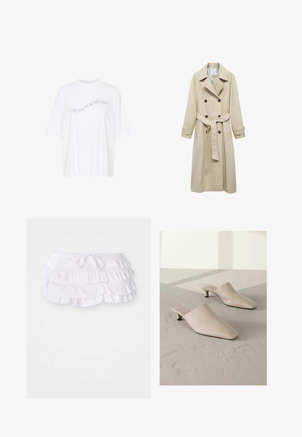 Beige trenchcoat i bomullsblandning, med dubbelknappade stängning, breda slag, bälte i midjan och två sidofickor.; Vit T-shirt i bomull med ett dekorativt svart prickigt mönster över framsidan, med korta ärmar och en avslappnad passform.; Vit volangbadkjol med flera lager, med dragsko i midjan för justering. Mjuk tyg med en slät yta.; Beiga lädermules med spetsig tå och låg svart klack. Slät textur, slip-on design, minimalistisk silhuett, inga synliga mönster.