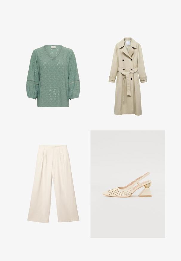 Trench coat beige realizzato in misto cotone, con chiusura a doppio petto con bottoni, ampi rever, vita con cintura e due tasche laterali.; Kaffe KATYRA - Camicetta - green bay cc; Pantaloni a gamba larga di un leggero colore beige con un tessuto morbido e texture. Presentano pieghe frontali e una vita elasticizzata per una vestibilità comoda.; Scarpa slingback beige con tomaia perforata, punta affilata e un tacco triangolare a contrasto con un accento dorato. Texture liscia nel complesso.