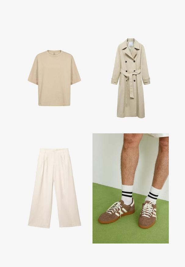 Beżowy płaszcz trench z mieszanki bawełny, z podwójnym zapięciem na guziki, szerokimi klapami, paskiem w talii i dwiema kieszeniami po bokach.; Beżowa, luźna koszulka z bawełny z krótkim rękawem, okrągłym dekoltem i gładką fakturą. Brak widocznych logo lub wzorów.; Spodnie o szerokich nogawkach w jasnym beżowym kolorze z miękkiej, teksturowanej tkaniny. Posiadają plisowane przody oraz elastyczny pas dla luźnego kroju.; Brązowe zamszowe sneakersy z białymi akcentami i sznurówkami. Gumowa, brązowa podeszwa. Noszone z białymi skarpetkami w czarne paski. Zielona teksturowana podłoga.