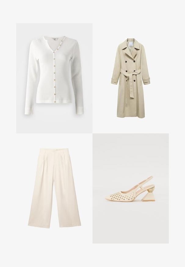 Beige Trenchcoat aus Baumwollmischung mit doppelter Knopfleiste, breiten Revers, tailliertem Gürtel und zwei seitlichen Taschen.; Weißer, langärmeliger, gerippter Cardigan mit V-Ausschnitt und goldenen Knopfakzenten entlang der Vorderseite. Glatte Textur und taillierte Passform.; Weite Hosen in einem hellbeigen Farbton aus einem weichen, strukturierten Stoff. Mit vorderen Falten und einem elastischen Bund für einen entspannten Sitz.; Beige Slingback-Schuh mit Perforierung im Obermaterial, spitzer Zehenpartie und einem kontrastierenden dreieckigen Absatz mit einem goldenen Akzent. Insgesamt glatte Textur.