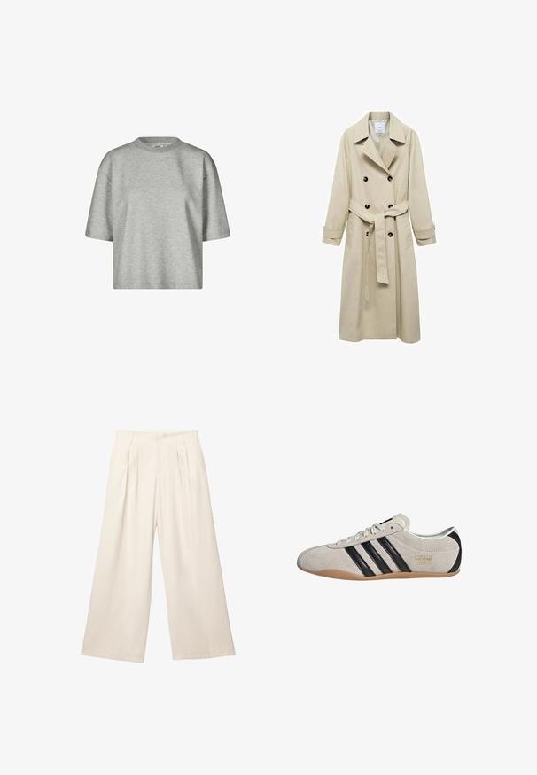 Palton bej din amestec de bumbac, cu închidere cu nasturi dubli, rever larg, talie cu curea și două buzunare laterale.; T-shirt scurt de culoare gri deschis, cu guler rotund. Fabricat dintr-un material moale, are un design pătrățos și o croială lejeră, fără modele.; Pantaloni cu croi larg în culoare bej deschis, confecționați dintr-un material moale și texturat. Prezintă pliseuri frontale și o talie elastică pentru un confort maxim.; Tenisi din suede cu un toc gri, dungi negre și o talpă din cauciuc de tip gumă. Prezintă un sistem de închidere cu șireturi și un detaliu cu logo auriu pe lateral.