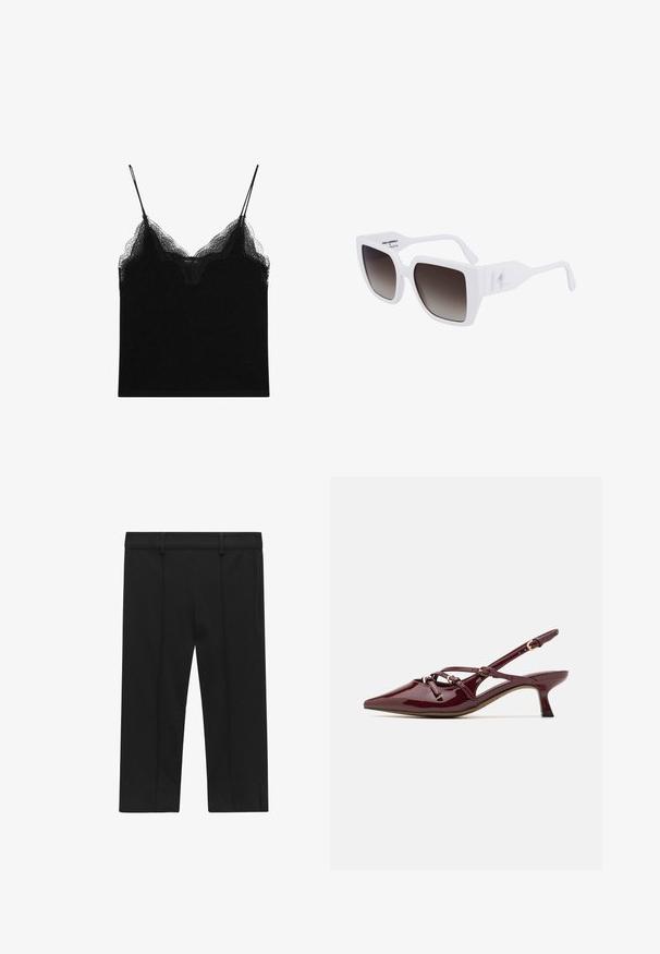 Beige trenchcoat van katoenmix, met een dubbele knoopsluiting, brede revers, een ceintuur in de taille en twee zijzakken.; Zwarte camisole met kanten rand, voorzien van dunne verstelbare schouderbandjes. Zachte stof met een gladde textuur en een aansluitende pasvorm.; STOCKH LM Studio KAYLA CAPRI - Shorts - black; Bordeaux patent leren slingback schoen met een puntige neus, een kleine hak, decoratieve banddetails en een glanzende afwerking.; Witte oversized zonnebril met een matte afwerking, gradiënt donkergrijze lenzen, en een kenmerkend logo aan de zijkant van de pootjes.