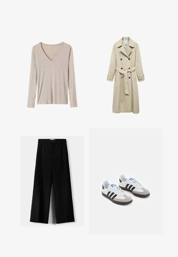 Beige trenčkot vyrobený z bavlněné směsi, s dvouvrstvým zapínáním na knoflíky, širokými klopami, páskem v pase a dvěma bočními kapsami.; Dlouhý rukáv, top s V-výstřihem ve světle béžové barvě. Vyrobeno z jemné, texturované tkaniny s uvolněným střihem a minimálními švy.; Černé široké kalhoty z lehkého materiálu s předním zapínáním na knoflík a hladkým předním dílem, s pečlivě přišitými lemy.; Sportovní boty s bílým koženým svrškem, šedou semišovou špičkou a třemi černými pruhy. Obsahují modré logo na jazyku a texturovanou gumovou podrážku.
