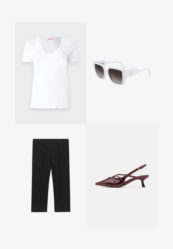 Beige trench coat made of cotton blend, featuring double-breasted button closure, wide lapels, belted waist, and two side pockets.; White cotton T-shirt featuring a V-neck, short sleeves, and a slim fit. Label at the neckline reads "FROM FUTURE" in pink.; STOCKH LM Studio KAYLA CAPRI - Shorts - black; Burgundy patent leather slingback shoe with pointed toe, small heel, decorative strap details, and a glossy finish.; White oversized sunglasses with a matte finish, gradient dark gray lenses, and a distinctive logo on the side of the temples.