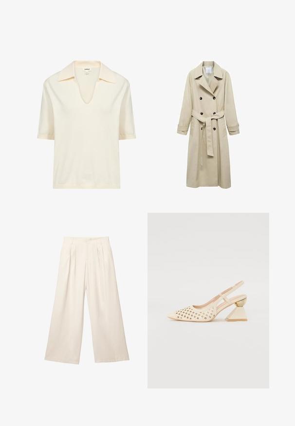 Beige trenchcoat van katoenmix, met een dubbele knoopsluiting, brede revers, een ceintuur in de taille en twee zijzakken.; Crème-kleurige polo met korte mouwen, gemaakt van zacht materiaal, met een V-halslijn en een subtiele ribbeltextuur bij de kraag en de zoom.; Lange broek met wijde pijpen in een lichtbeige kleur, gemaakt van een zachte, gestructureerde stof. Heeft voorplooien en een elastische tailleband voor een comfortabele pasvorm.; Beige slingback schoen met geperforeerde bovenkant, puntige neus en een contrasterende driehoekige hak met een gouden accent. Over het algemeen een gladde textuur.