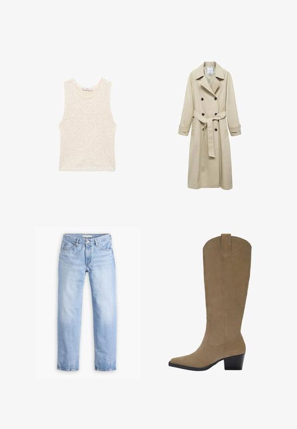 Béžový trenčkot vyrobený z bavlnenej zmesi, s dvojradovým zapínaním na gombíky, širokými klopami, opaskom v páse a dvoma bočnými vreckami.; Pletený bezrúškový top v off-white farbe, s textúrovaným povrchom. Okrúhly výstrih a rovný spodný lem. Jemné bodkované detaily po celom povrchu.; Svetlo modré džíny z denimu s rovnými nohavicami, piatimi vreckami a stredným pásom. Obsahujú vyblednutú textúru a zosilnený lem.; Svetlé semišové čižmy po kolená s špicatou špičkou, vrstveným podpätkom a šitím po stranách. Hladká textura a štruktúrovaný dizajn.