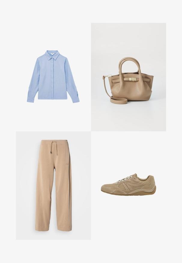 Trench coat beige realizzato in misto cotone, con chiusura a doppio petto con bottoni, ampi rever, vita con cintura e due tasche laterali.; Camicia a maniche lunghe azzurro chiaro con bottoni frontali e colletto. Realizzata in un tessuto liscio, presenta delle cuciture sottili sui polsini.; Pantaloni beige a gamba larga realizzati in tessuto morbido, con elastico in vita e cordoncino. Presentano un logo discreto sul lato e tasche laterali.; Sneaker in suede beige con profilo basso, superficie texturizzata e lacci bianchi. Presenta un design curvo e una suola in gomma per una migliore aderenza.; Borsa a mano in pelle color tan con doppie maniglie e tracolla staccabile. Presenta un chiusura in tono oro e una superficie testurizzata.