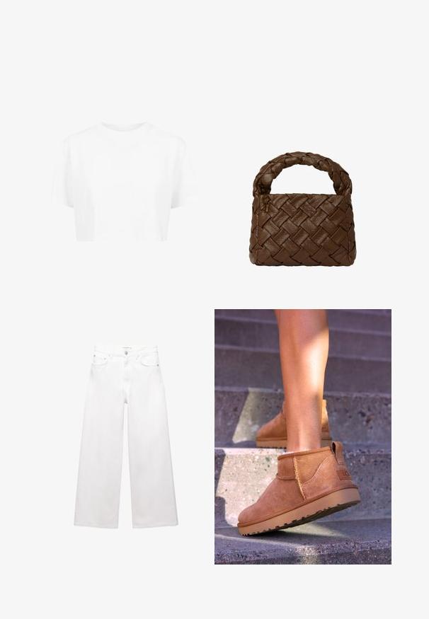 Palton bej din amestec de bumbac, cu închidere cu nasturi dubli, rever larg, talie cu curea și două buzunare laterale.; Tricou scurt alb, cu mâneci scurte, de tipul gâtului rotund, realizat dintr-un material neted, fără motive vizibile sau accesorii distincte.; Blugi albi cu croiala larga, din bumbac, cu talie inalta, design cu cinci buzunare si accente din alamă. Textura netedă, fără uzură.; Botine bej din suede cu o textură moale, detalii cusute și o talpă din cauciuc, având un călcâi cu buclă pentru o utilizare ușoară.; Geantă din piele împletită de culoare maronie, cu un mâner împletit, formă rectangulară, suprafață texturată și construcție fără cusături.