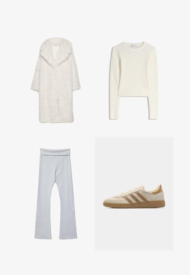 Valkoinen tekoturkistakki, jossa leveä kaulus, puolipitkät hihat ja pehmeä, teksturoitu pinta. Suora leikkaus ja avoin etuosasuunnittelu.; Valkoinen palmikkoneulepusero, jossa on pitkät hihat, pyöreä kaula-aukko ja ribbineulos. Lyhyt malli tuo modernin vivahteen.; Harmaat levenneuleggings, joissa on leveä ja pehmeä vyötärö, valmistettu sileästä ja joustavasta kankaasta. Ominaisuuksia ovat istuva muoto ja nilkkapituinen leikkaus.; Beige mokkanen kengät, joissa on vaaleanruskeita yksityiskohtia. Varustettu kolmella ruskealla raidalla, tekstuurilla varustetulla kumipohjalla ja pyöristetyllä kärjellä.