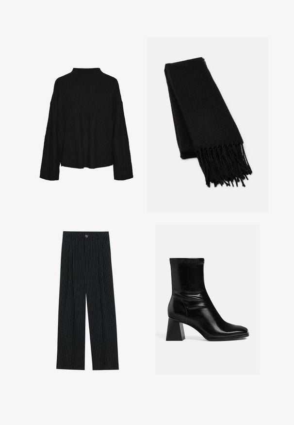 Cappotto in pelliccia ecologica bianca con ampio colletto, maniche tre quarti e finitura morbida e testurizzata. Presenta un taglio dritto e un design a fronte aperta.; Pieces Maglione - black; Pantaloni larghi a righe nere realizzati in tessuto strutturato, con chiusura frontale a bottone e design plissettato per un tocco di originalità.; Stivali ankle in pelle nera con finitura liscia, punta quadrata e tacco a blocco texturizzato. Presenta un design elastico alla caviglia e cuciture visibili.; Sciarpa nera realizzata in un morbido tessuto testurizzato. Presenta bordi sfilacciati e una forma rettangolare, adatta da avvolgere attorno al collo.