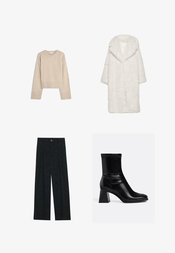 Valkoinen tekoturkistakki, jossa leveä kaulus, puolipitkät hihat ja pehmeä, teksturoitu pinta. Suora leikkaus ja avoin etuosasuunnittelu.; Beige lyhyt villapaita, joka on valmistettu pehmeästä neulotusta materiaalista. Siinä on pyöreä kaula-aukko, pitkät hihat sekä ribbireunat ja helma, jotka lisäävät tekstuuria.; Mustat raidalliset leveälahkeiset housut, jotka on valmistettu teksturoidusta kankaasta. Niissä on etu nappisulku ja pleatatut yksityiskohdat, jotka lisäävät kiinnostavuutta.; Mustat nahkaiset nilkkurit, joissa on sileä pinta, neliön muotoinen kärki ja teksturoitu palikkakorko. Ominaisuuksiin kuuluu joustava nilkkasuunnittelu ja näkyvät ompeleet.