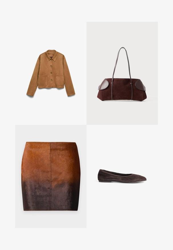 Hellbraune Wildlederjacke mit Knopfleiste, langen Ärmeln, Kragen und zwei aufgenähten Taschen vorne, vor einem weißen Hintergrund.; Weißes, kurzärmliges Oberteil mit strukturiertem, geripptem Muster und rundem Halsausschnitt. Aus weichem Material gefertigt. Kürzere Länge.; Brauner Farbverlauf Minirock aus weichem Material, mit einer glatten Textur, figurbetontem Schnitt und präzisen Nähten entlang der Kanten.; Braune Wildleder-Ballerinas mit spitzem Absatz und niedrigem Profil. Verfügt über eine glatte Textur und ein minimalistisches Design. Keine sichtbaren Beschläge oder Akzente.; Braune Wildledertasche mit Lederakzenten, strukturiertem Design, doppelten Schulterriemen und abgerundeten Kanten, ausgestattet mit einer glatten Textur und minimalem Hardware.