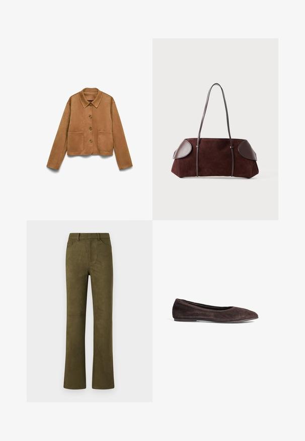 Gai brūns zamšs pogājams jackets ar garām piedurknēm, apkakli un divām priekšējām kabatām, uz balta fona.; Balta, īsām piedurknēm augšdaļa ar strukturētu, rievotu rakstu un apaļu kakla izgriezumu. Izgatavota no mīksta materiāla. Saīsināts garums.; Olive zaļa zamšādas taisna griezuma bikses ar jostas cilpiņām, priekšējiem kabatām un aizmugurējo kabatu uz vienkārša balta fona.; Brūni zamša deju kurpes ar smailu purngalu un zemu profilu. Īpaši ar gludu tekstūru un minimālistisku dizainu. Nav redzamu detaļu vai akcentu.; Brūns zamšs somiņa ar ādas akcentiem, strukturēta forma, divi plecu siksnas un noapaļoti mali, ar gludu tekstūru un minimālu aparatūru.