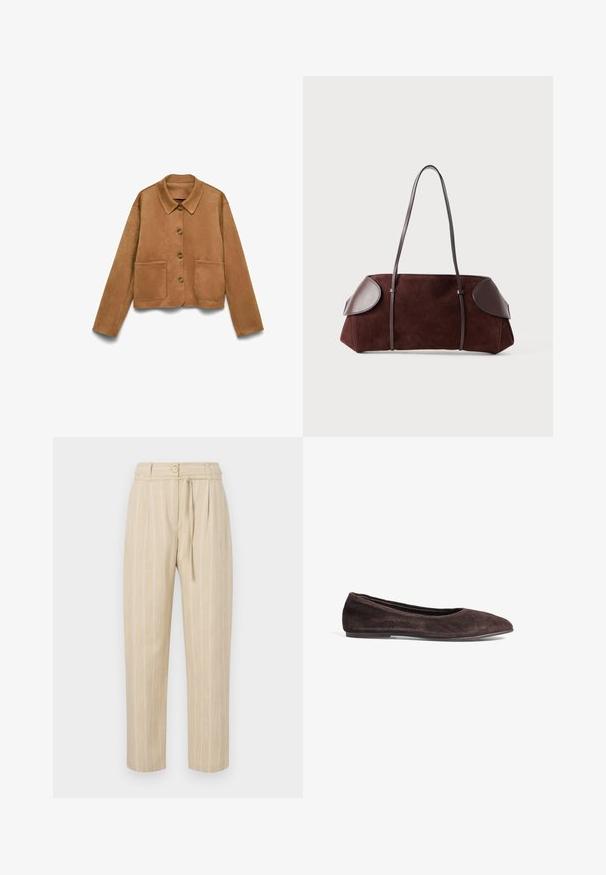 Kerge pruuni suede'ist nööpidega jakk, millel on pikad varrukad, krae ja kaks esist nurgapoolset taskut, valge tausta ees.; Valge lühikeste varrukate ja tekstuurse soonikkoesega särk ümmarguse kaelusega. Valmistatud pehmest materjalist. Lühike pikkus.; Beezid ribadega püksid lõdva lõikega, millel on kokku tõmmatav vöökoht, nööbi sulgemine ja sidumisvöö, valmistatud kergest kangast.; Pruun suede ballett-kingad terava ninaga ja madala profiiliga. Omab siledat tekstuuri ja minimalismi disaini. Ei sisalda nähtavat riistvara ega aktsente.; Pruun suede kott nahkakattega, struktureeritud kuju, kahe õlapaelaga ja ümarate servadega, millel on sile tekstuur ja minimaalne riistvara.