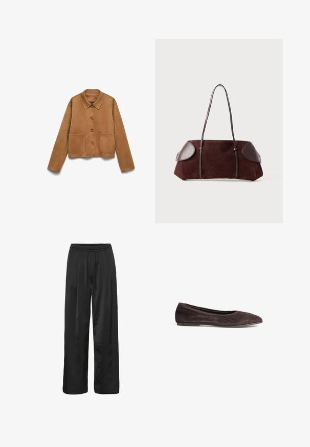 Gai brūns zamšs pogājams jackets ar garām piedurknēm, apkakli un divām priekšējām kabatām, uz balta fona.; Balta, īsām piedurknēm augšdaļa ar strukturētu, rievotu rakstu un apaļu kakla izgriezumu. Izgatavota no mīksta materiāla. Saīsināts garums.; Melnas platās kāju bikses, izgatavotas no gludas, spīdīgas auduma. Tām ir elastīga josta ar auklu, lai pielāgotu lielumu.; Brūni zamša deju kurpes ar smailu purngalu un zemu profilu. Īpaši ar gludu tekstūru un minimālistisku dizainu. Nav redzamu detaļu vai akcentu.; Brūns zamšs somiņa ar ādas akcentiem, strukturēta forma, divi plecu siksnas un noapaļoti mali, ar gludu tekstūru un minimālu aparatūru.