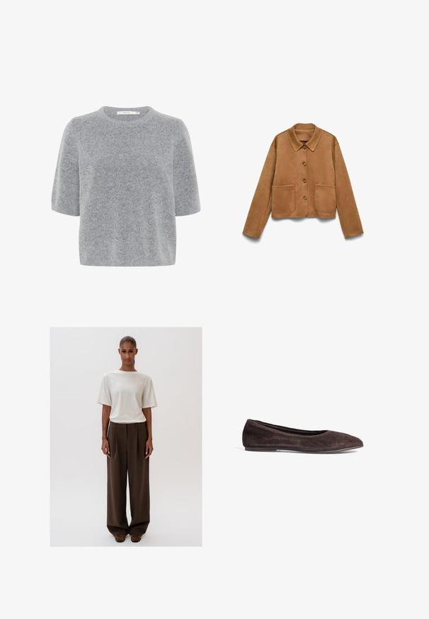 Svetlo rjav suknjič iz semiša z gumbi, dolgimi rokavi, ovratnikom in dvema sprednjima žepoma, postavljen na belo ozadje.; Sivý kratký sveter s krátkymi rukávmi vyrobený z mäkkej, textúrovanej tkaniny s okrúhlym výstrihom a voľným strihom. Ľahký a všestranný dizajn.; Kremasto bela majica s kratkimi rokavi, ohlapnega kroja, v kombinaciji z visokim pasom, širokimi rjavimi hlačami. Preprost dizajn, gladke teksture.; Rjavi zamšasti baletni čevlji s koničastim prstom in nizkim profilom. Imajo gladko teksturo in minimalističen dizajn. Brez vidnih kovinskih delov ali okraskov.