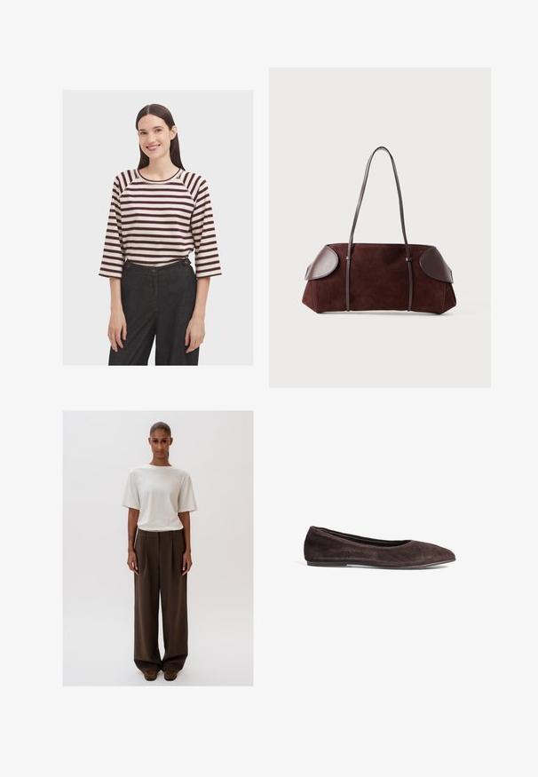 Lichtbruine suedine button-up jas met lange mouwen, een kraag en twee voorzakken, tegen een witte achtergrond.; Gestreepte langetermijn top in crèmekleur met bordeauxrode strepen; heeft een ronde halslijn en raglanmouwen. Gecombineerd met donkergekleurde hoge taillebroek.; Romantisch witte relaxed-fit t-shirt met korte mouwen, gecombineerd met hooggepaste, wijde bruine broeken. Eenvoudig ontwerp, gladde texturen.; Bruine suède balletschoenen met een spitsneus en een laag profiel. Kenmerkt zich door een gladde textuur en een minimalistisch ontwerp. Geen zichtbare hardware of accenten.; Bruine suède tas met leren accenten, gestructureerde vorm, dubbele schouderbanden en ronde randen, met een gladde textuur en minimale hardware.