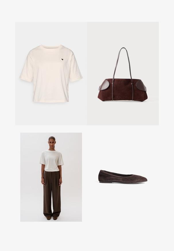 Kerge pruuni suede'ist nööpidega jakk, millel on pikad varrukad, krae ja kaks esist nurgapoolset taskut, valge tausta ees.; Heledbeez t-särk, mis on lühikeste varrukatega ja valmistatud puuvillast. Vasakul rinnal on väike kolmnurkne logo. Lihtne disain, lõdva istuvusega.; Kreemjas valges vabalt lõigatud T-särk lühikeste varrukatega, kombineeritud kõrge vöökohaga, laia säärega pruunide pükstega. Lihtne disain, sile tekstuur.; Pruun suede ballett-kingad terava ninaga ja madala profiiliga. Omab siledat tekstuuri ja minimalismi disaini. Ei sisalda nähtavat riistvara ega aktsente.; Pruun suede kott nahkakattega, struktureeritud kuju, kahe õlapaelaga ja ümarate servadega, millel on sile tekstuur ja minimaalne riistvara.