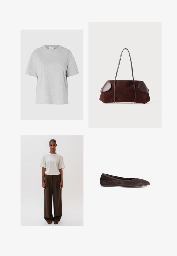Jasnobrązowa zamszowa kurtka na guziki z długimi rękawami, kołnierzem i dwiema zaszewkowanymi kieszeniami z przodu, na białym tle.; Jasnoszara koszulka z krótkim rękawem wykonana z miękkiego materiału, z okrągłym dekoltem, luźnym fasonem i bez widocznych wzorów czy akcesoriów.; Kremowa, luźno dopasowana koszulka z krótkim rękawem, połączona z wysokim stanem, szerokimi brązowymi spodniami. Prosty design, gładkie tekstury.; Brązowe zamszowe baleriny z wąskim czubkiem i niskim profilem. Charakteryzują się gładką fakturą i minimalistycznym wzornictwem. Brak widocznych elementów metalowych lub dekoracji.; Brązowa torba z zamszu z skórzanymi akcentami, o ustrukturalizowanym kształcie, z podwójnymi ramiączkami i zaokrąglonymi krawędziami, charakteryzująca się gładką fakturą i minimalną ilością elementów metalowych.