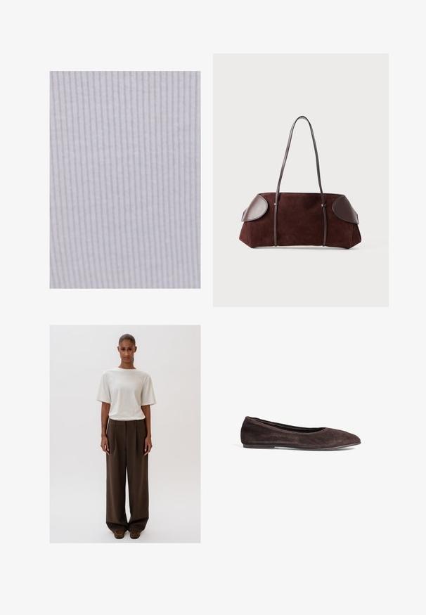 Lichtbruine suedine button-up jas met lange mouwen, een kraag en twee voorzakken, tegen een witte achtergrond.; Lichtpaarse stof met dunne verticale strepen. De textuur is zacht en glad, geschikt voor kleding of bekledingsdoeleinden.; Romantisch witte relaxed-fit t-shirt met korte mouwen, gecombineerd met hooggepaste, wijde bruine broeken. Eenvoudig ontwerp, gladde texturen.; Bruine suède balletschoenen met een spitsneus en een laag profiel. Kenmerkt zich door een gladde textuur en een minimalistisch ontwerp. Geen zichtbare hardware of accenten.; Bruine suède tas met leren accenten, gestructureerde vorm, dubbele schouderbanden en ronde randen, met een gladde textuur en minimale hardware.