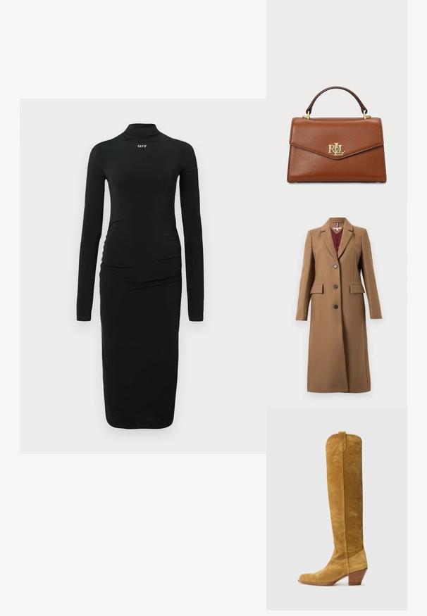 Długi, camelowy płaszcz wełniany z klapami, trzema ciemnymi guzikami, kieszeniami z klapami i burgundowym podszyciem.; Czarna sukienka z długim rękawem i półgolfem, z marszczonymi detalami po bokach oraz białym logo "OFF" na piersi, uszyta z gładkiego materiału.; Polo Ralph Lauren - Kowbojki i obuwie motocyklowe; Brązowa skórzana torebka o strukturalnym designie, z górnym uchwytem, złotymi akcentami metalowymi i logo na przodzie. Gładka tekstura.