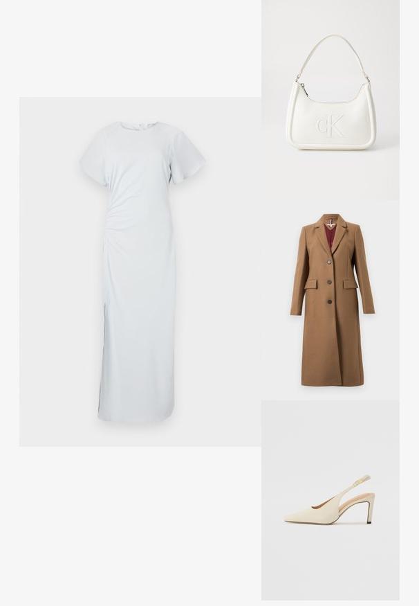 Lange camel-kleurige wollen jas met notch-lapels, drie donkere knopen, klepzakken en bordeauxrood binnenvoering.; Lichtblauwe jurk tot de knie met een ronde halslijn, korte fluttermouwen, zijrimpeling en een subtiele split aan de zoom, gemaakt van een gladde stof.; Beige leren slingback hakken met een spitse neus, open zijkant en een slanke hoge hak. Voorzien van een gouden accent op de band.; Witte lederen handtas met een gebogen vorm, voorzien van een reliëf "CK" logo aan de voorkant en een enkele schouderriem. Ritsluiting aan de bovenkant.